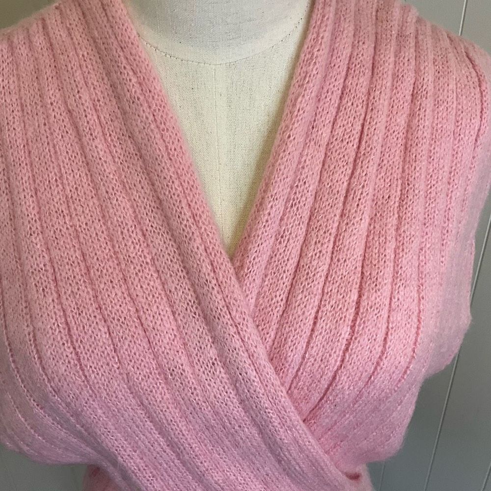 Pink Ribbed Wrap-Front Crew Sweater - Picture 2 of 9